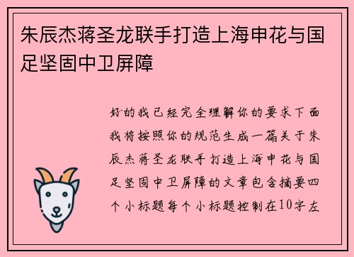 朱辰杰蒋圣龙联手打造上海申花与国足坚固中卫屏障
