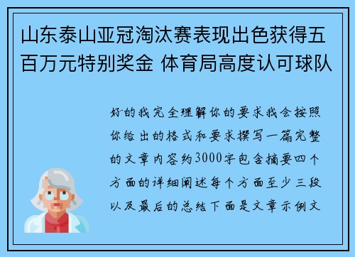 山东泰山亚冠淘汰赛表现出色获得五百万元特别奖金 体育局高度认可球队努力